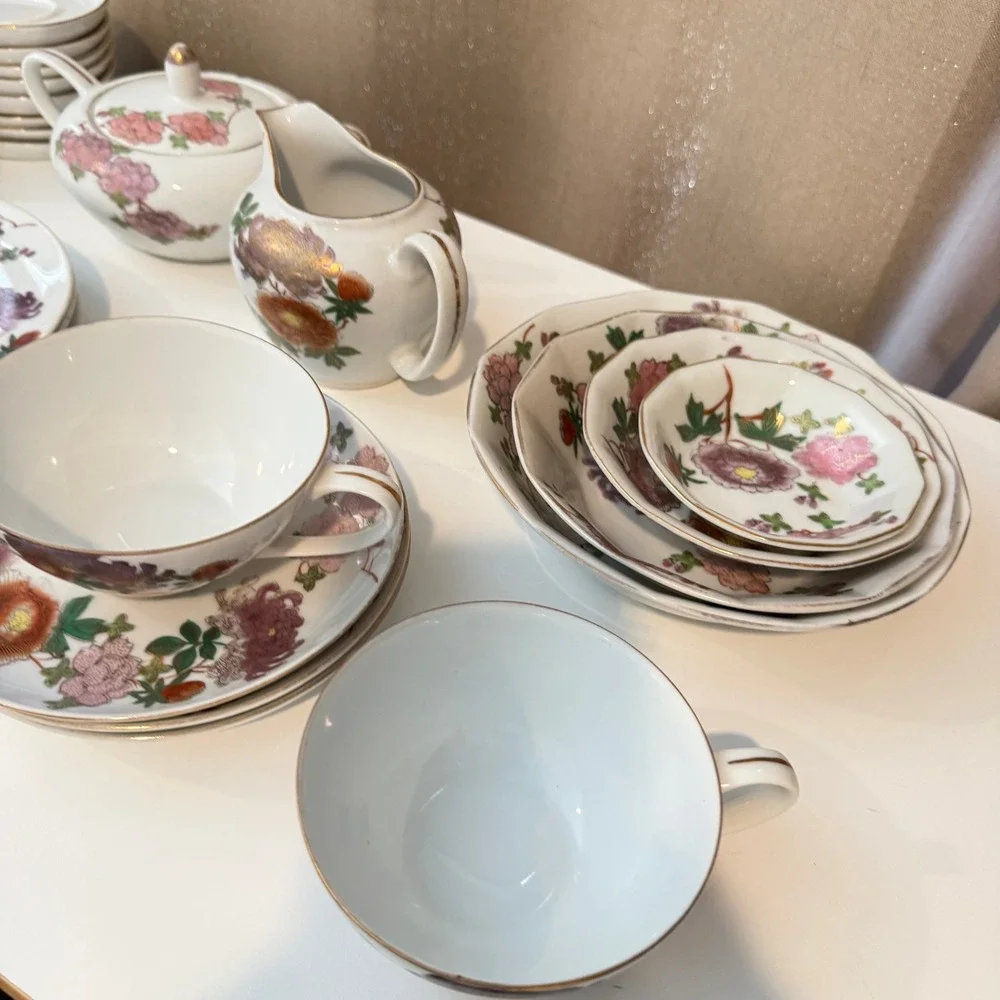 Vintage Japanese Kutani Porcelain Tea Set Floral Chrysanthemum Gold Gilt